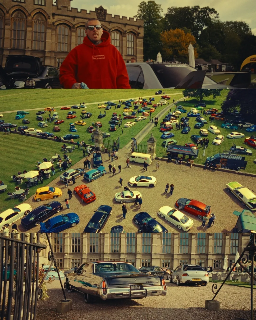 A curated show on the grounds of a stately home, cars filling the lawn and gravel forecourt, with a lowered Cadillac parked in front of the building